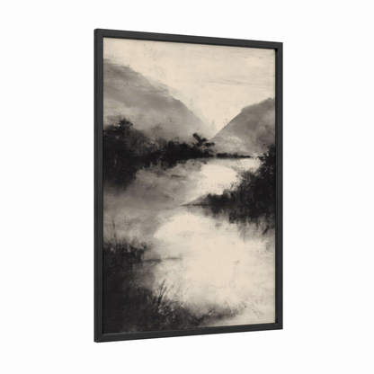 Misty River Valley framed rivers print — black wood frame — black and white and gray palette