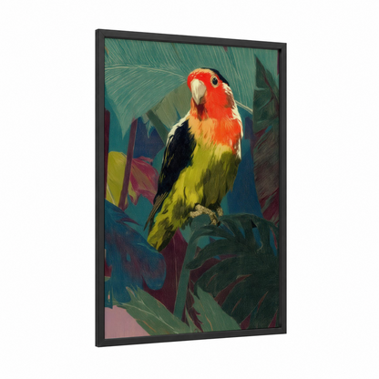 Scarlet Lovebird framed safari parrots print — black wood frame — red and green palette