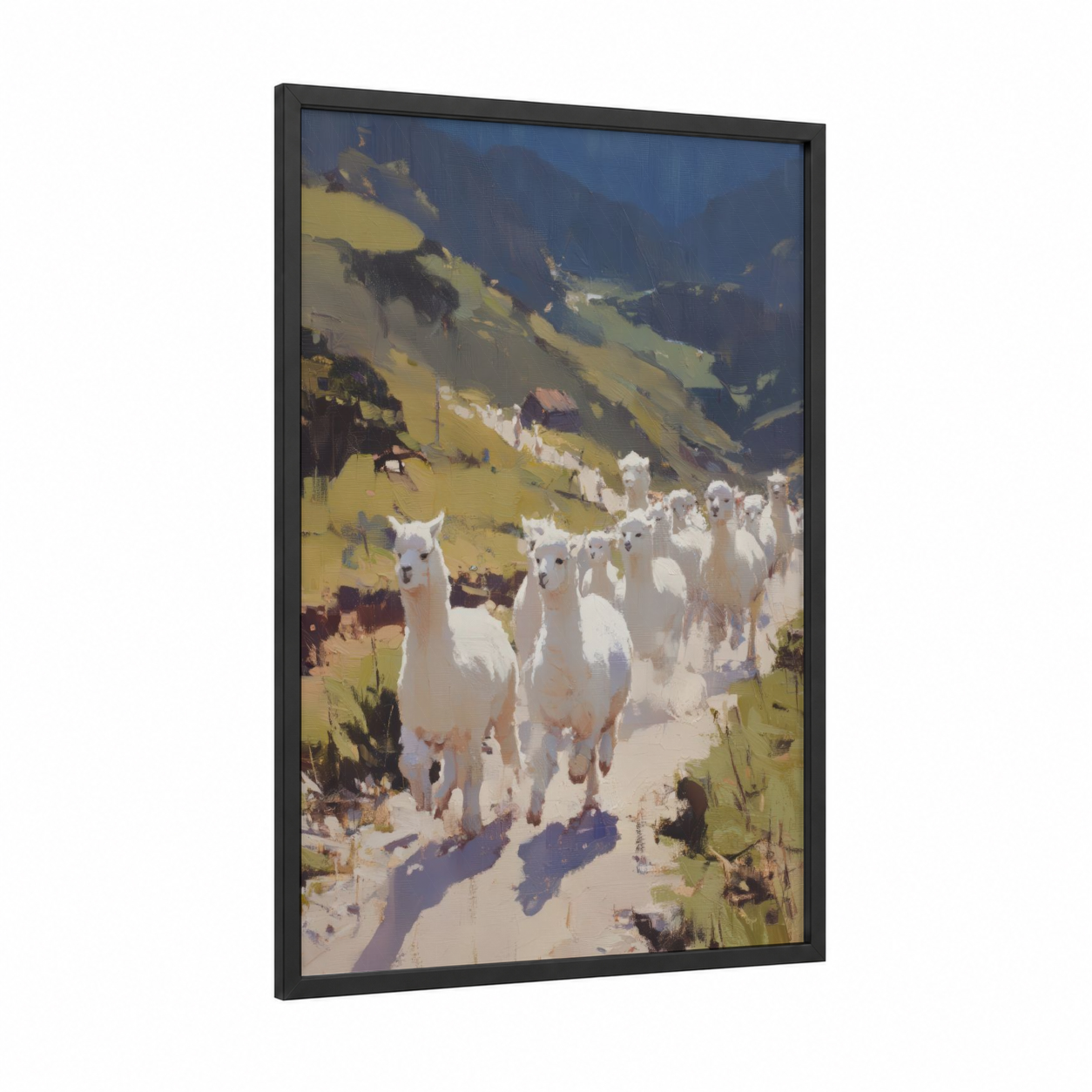 Alpine Alpaca Herd framed art print — black wood frame — gold and blue palette