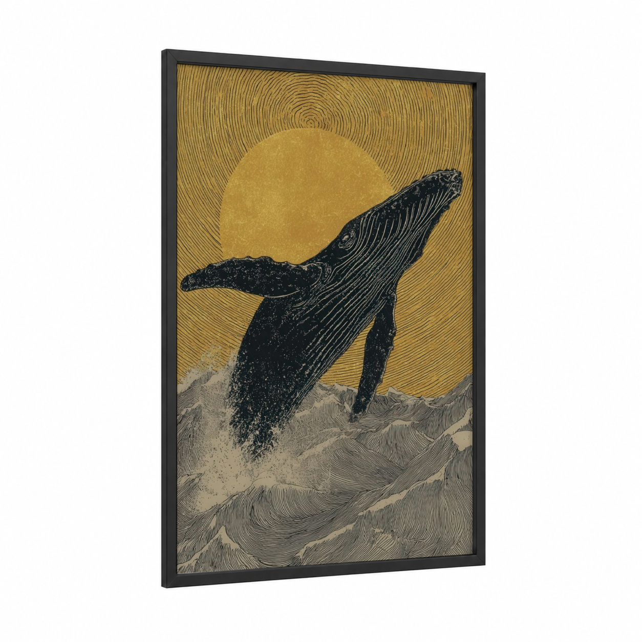Golden Breaching Whale framed humpback whale print — black wood frame — gold and black palette