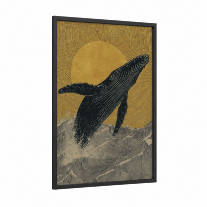 Golden Breaching Whale framed humpback whale print — black wood frame — gold and black palette