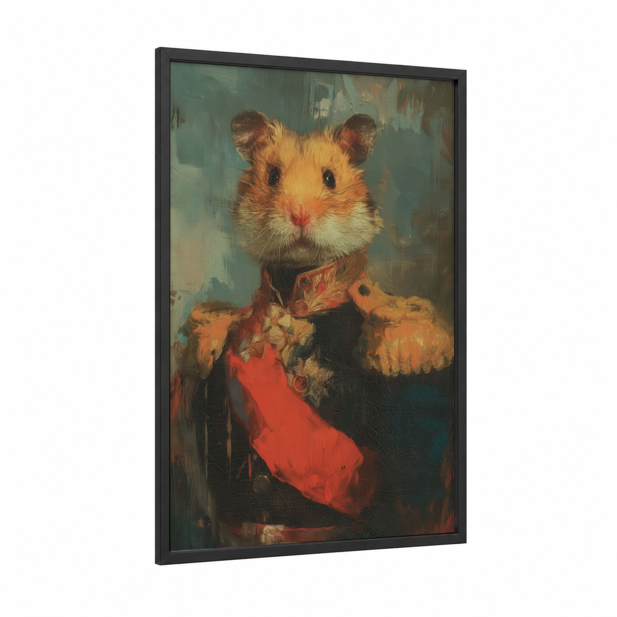 General Hamster framed art print — black wood frame — teal and gold palette