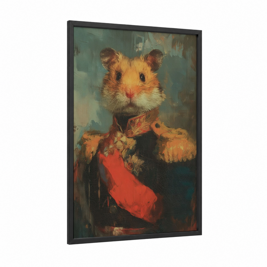 General Hamster framed art print — black wood frame — teal and gold palette