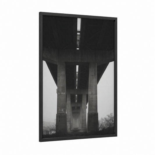 Concrete Underpass framed road and highways print — black wood frame — black and white and gray palette