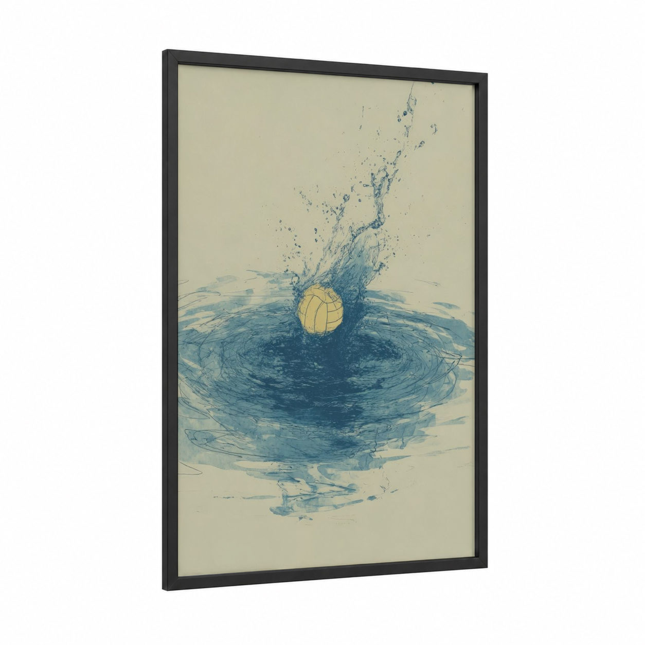 Water Polo Splash framed art print — black wood frame — blue and gold palette