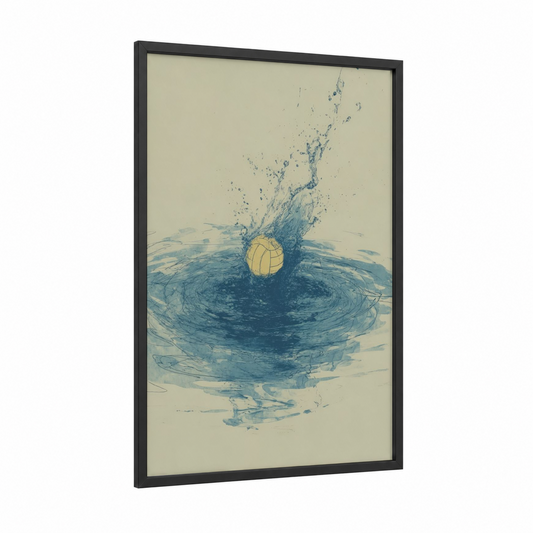 Water Polo Splash framed art print — black wood frame — blue and gold palette