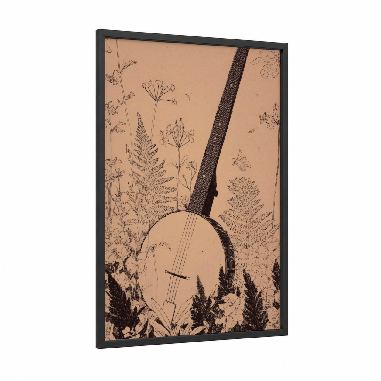 Botanical Banjo framed art print — black wood frame — beige and black and white palette