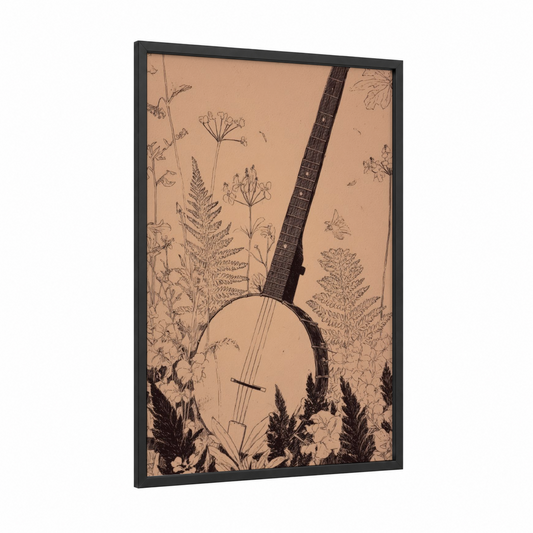 Botanical Banjo framed art print — black wood frame — beige and black and white palette