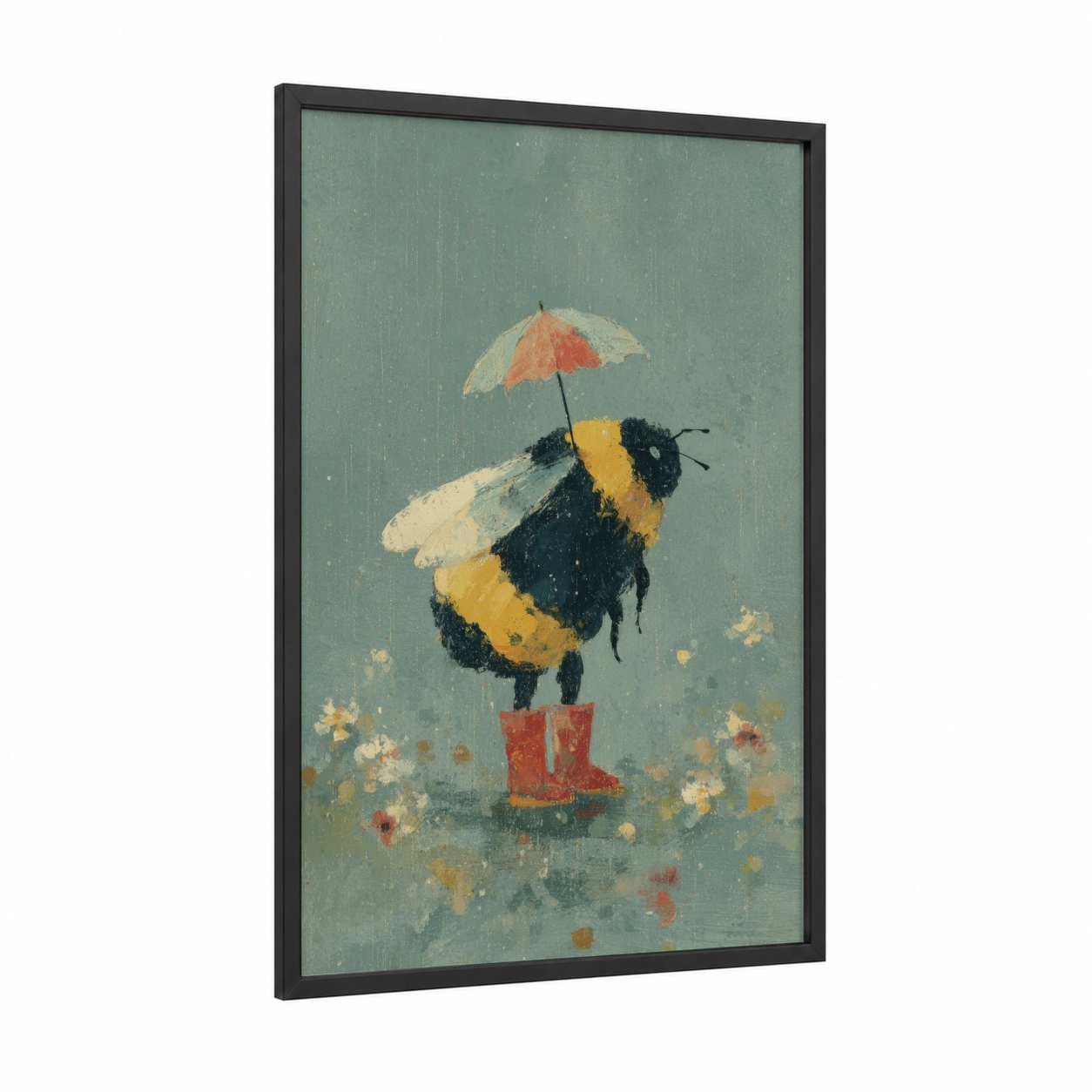 Rainy Day Bee framed art print — black wood frame — sage green and gold palette