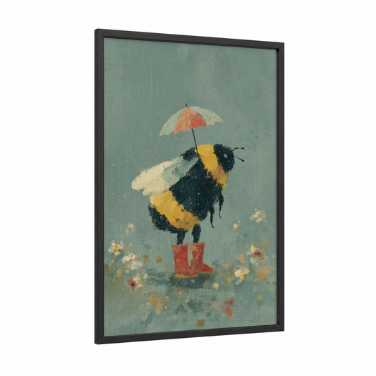 Rainy Day Bee framed art print — black wood frame — sage green and gold palette