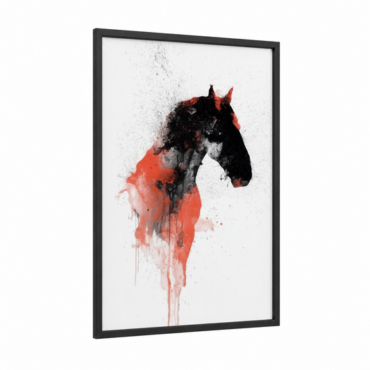 Crimson Clydesdale framed clydesdale horse print — black wood frame — black and red palette