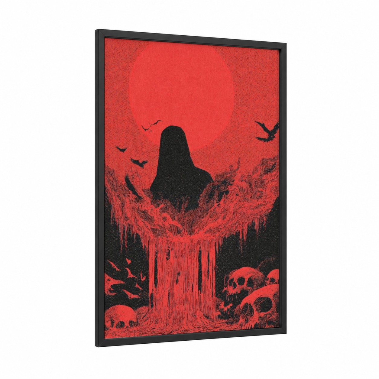 Crimson Reaper framed death metal print — black wood frame — red and black palette