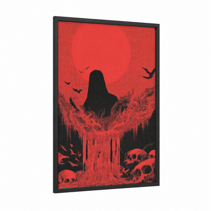 Crimson Reaper framed death metal print — black wood frame — red and black palette