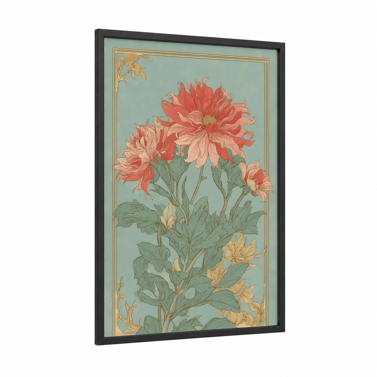 Coral Dahlia Study framed art print — black wood frame — sage green and salmon pink palette