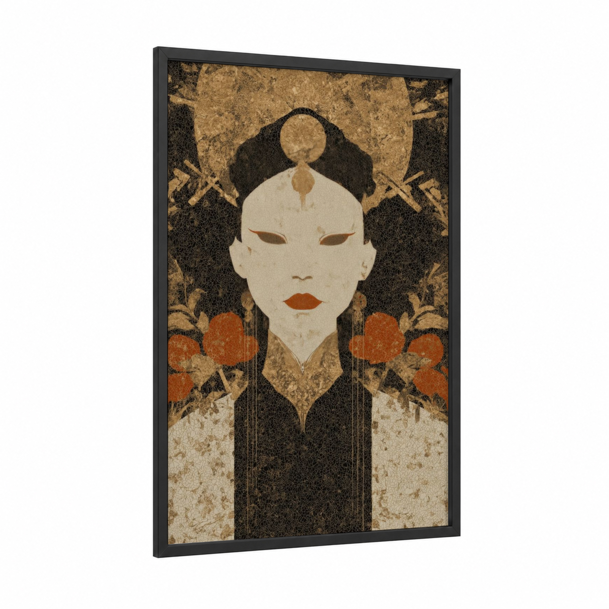 Mystical Sorceress framed magic and witchcraft print — black wood frame — gold and black and gold palette