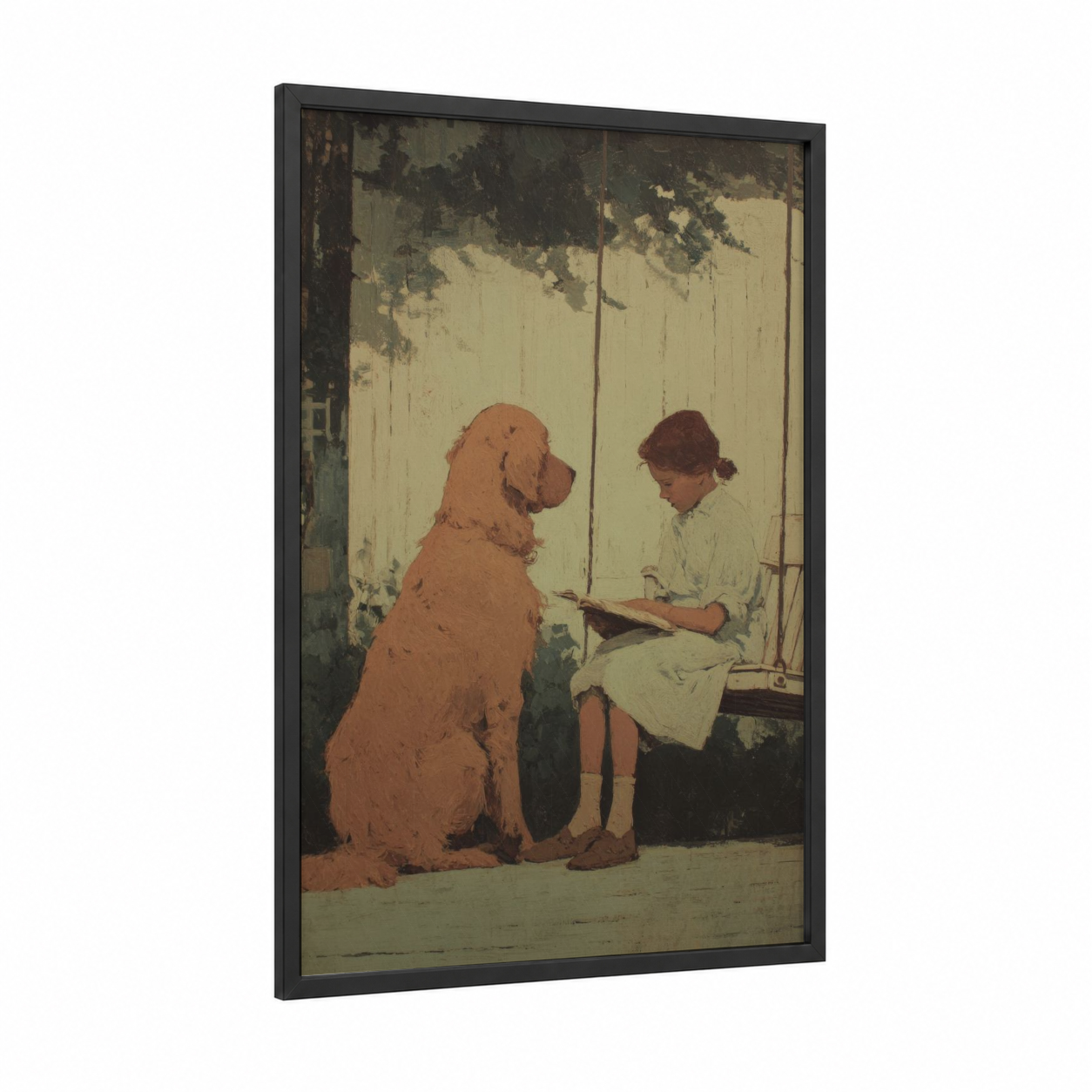 Girl Reading Setter framed art print — black wood frame — russet and cream palette