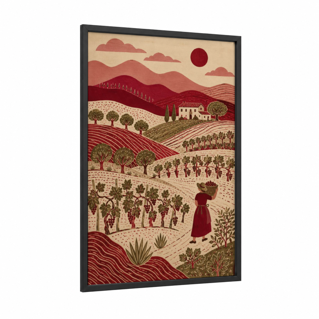 Tuscan Vineyard Harvest Landscape Wall Art framed vineyards print — black wood frame — maroon and beige palette