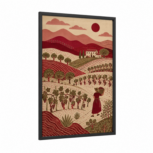 Tuscan Vineyard Harvest Landscape Wall Art framed vineyards print — black wood frame — maroon and beige palette
