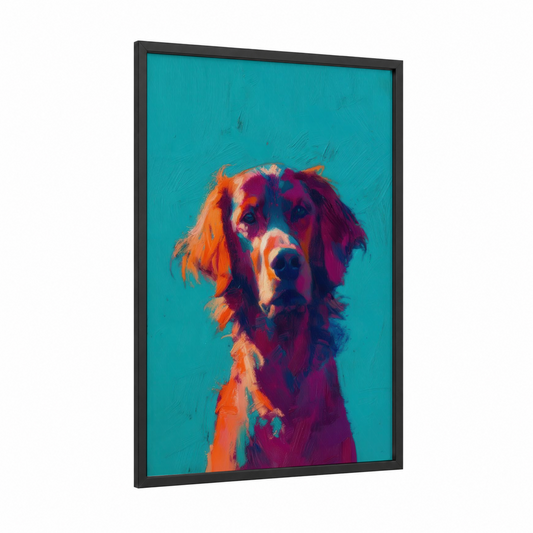 Colorful Setter Portrait framed art print — black wood frame — orange and magenta palette