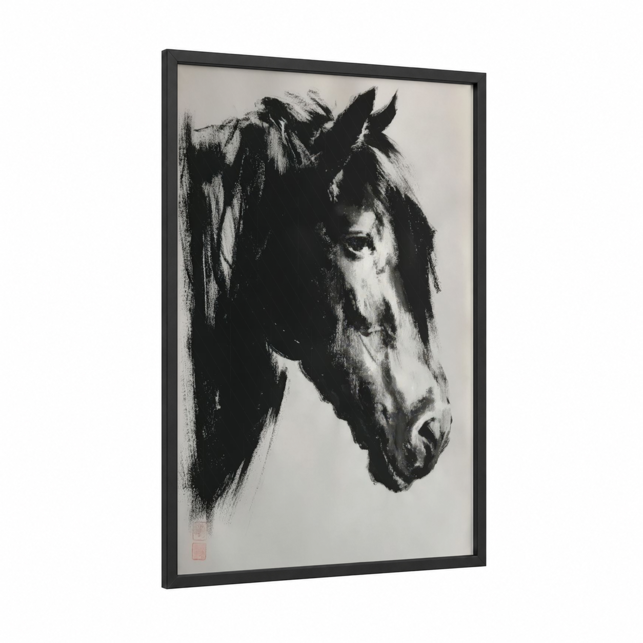 Noble Friesian Portrait framed friesian horse print — black wood frame — black and white palette