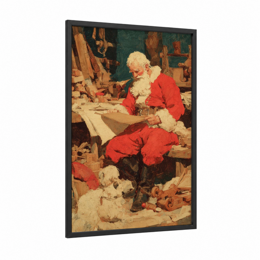 Santa's Workshop framed christmas print — black wood frame — red and gold palette