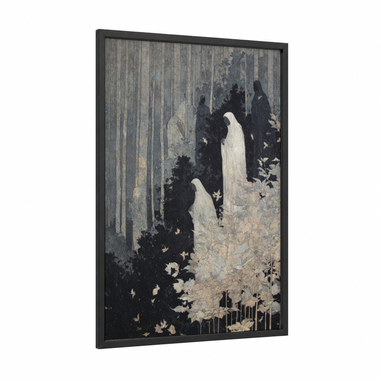 Ethereal Forest Ghosts framed art print — black wood frame — black and white and gray palette