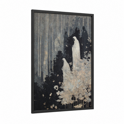 Ethereal Forest Ghosts framed art print — black wood frame — black and white and gray palette