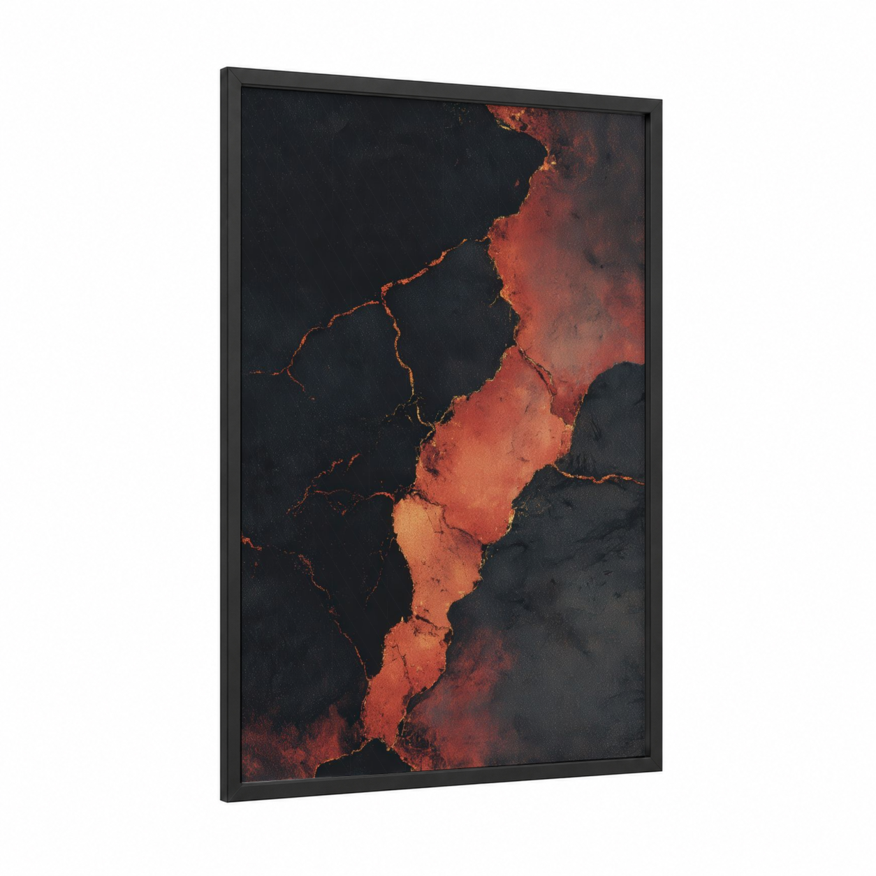 Molten Lava Flow framed natural stones print — black wood frame — black and red and red palette
