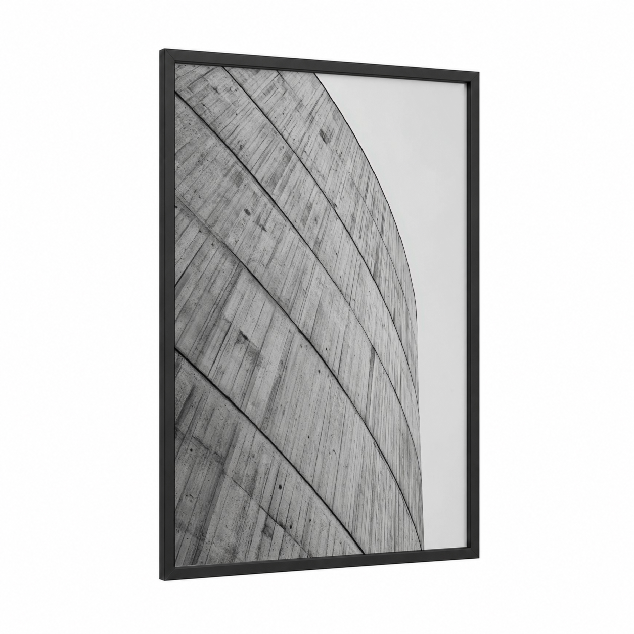 Curved Concrete framed abstract architecture print — black wood frame — gray and black and white palette