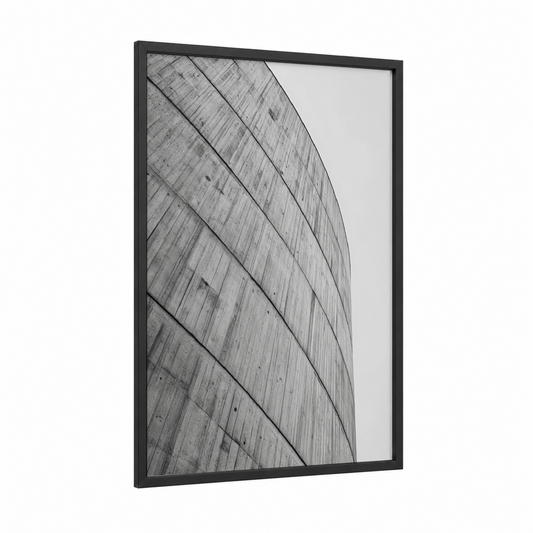 Curved Concrete framed abstract architecture print — black wood frame — gray and black and white palette