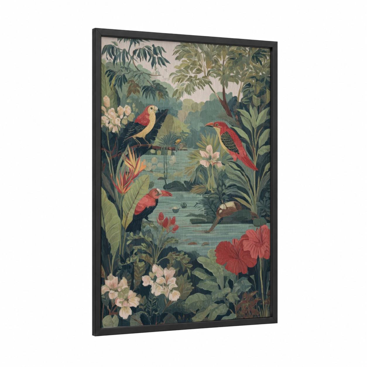 Tropical River Paradise framed rivers print — black wood frame — teal and sage green palette