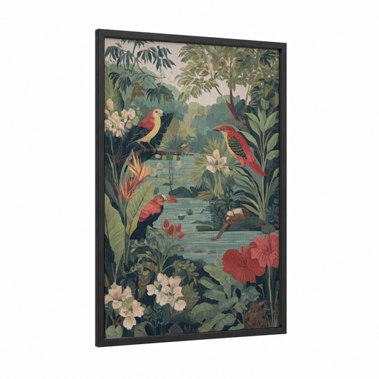 Tropical River Paradise framed rivers print — black wood frame — teal and sage green palette