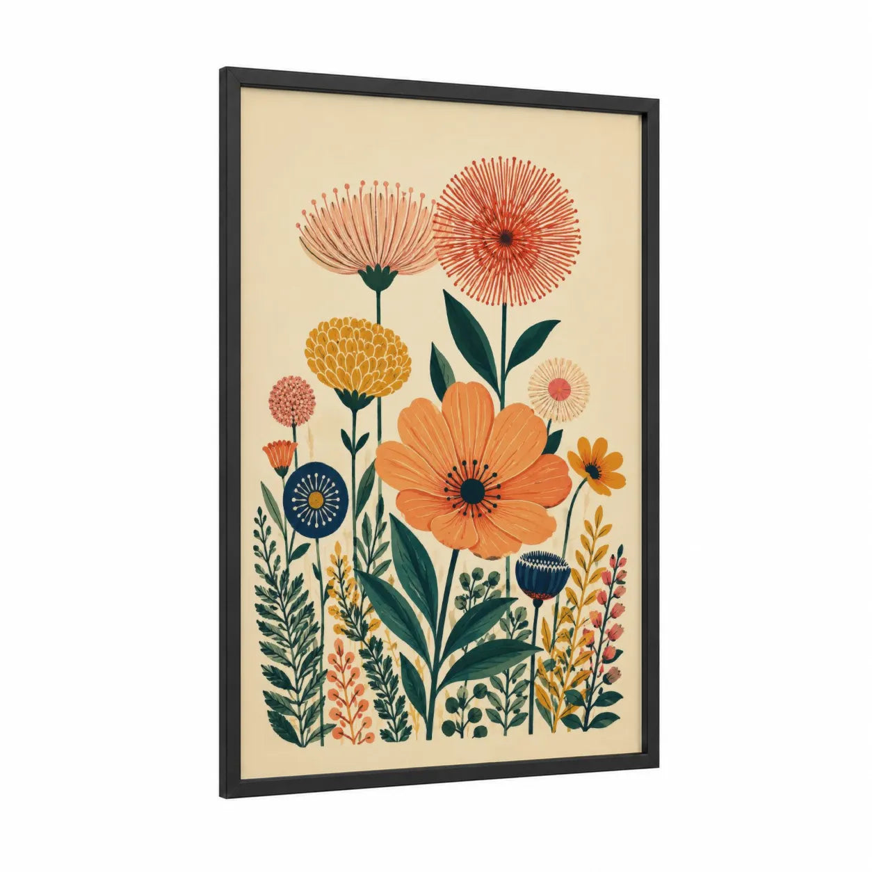 Geometric Floral Garden Wall Art framed flower print — black wood frame — orange and cream palette