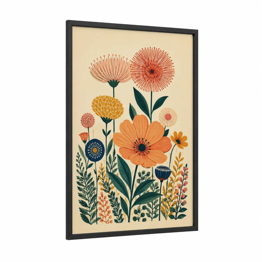 Geometric Floral Garden Wall Art framed flower print — black wood frame — orange and cream palette