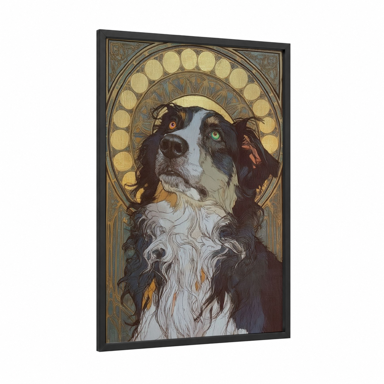 Celestial Shepherd framed shepherd dogs and collies print — black wood frame — gold and black and white palette