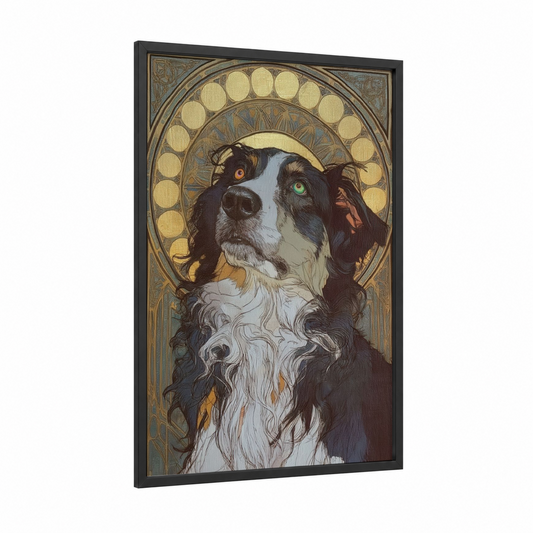 Celestial Shepherd framed shepherd dogs and collies print — black wood frame — gold and black and white palette