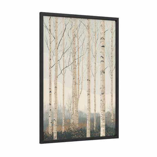 Misty Birch Forest framed art print — black wood frame — cream and dove gray palette