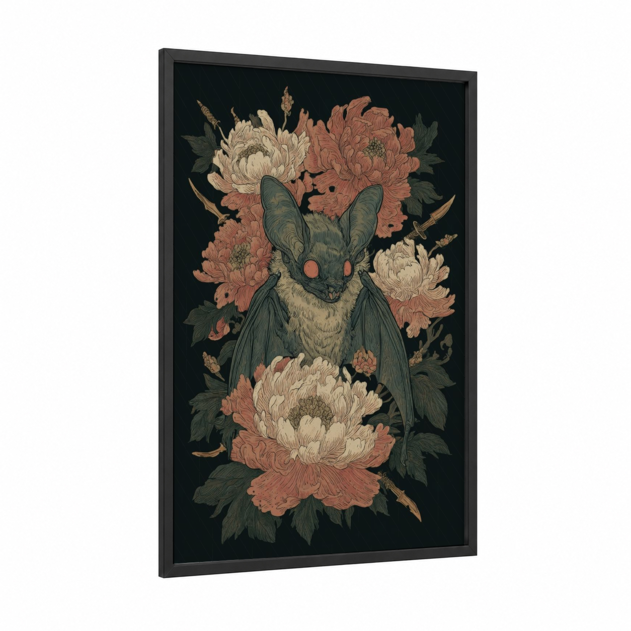 Floral Vampire framed art print — black wood frame — cream and salmon pink palette