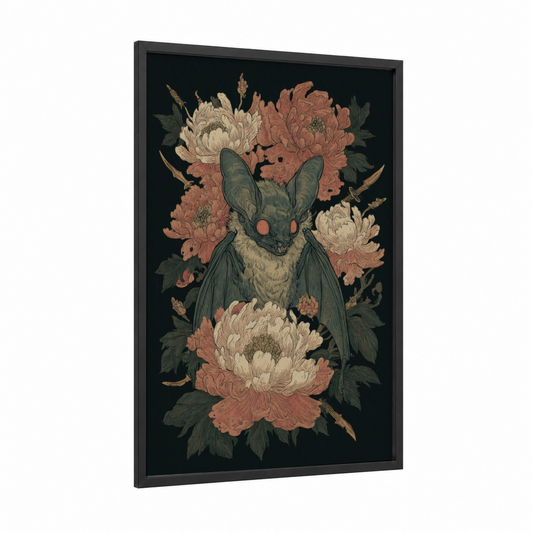 Floral Vampire framed art print — black wood frame — cream and salmon pink palette
