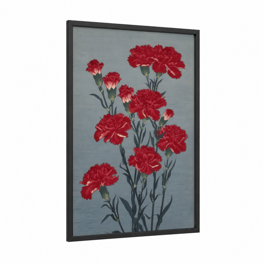 Crimson Carnations framed art print — black wood frame — red and gray palette