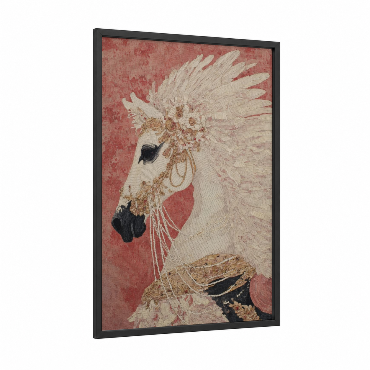 Ornate Pegasus framed art print — black wood frame — rose gold and cream palette