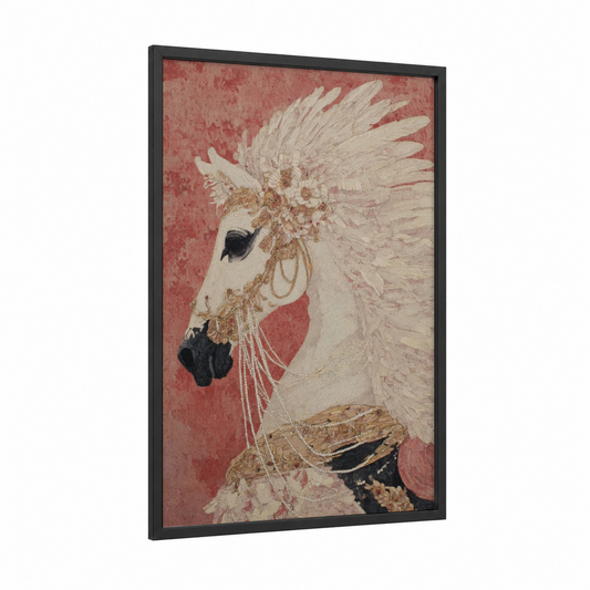 Ornate Pegasus framed art print — black wood frame — rose gold and cream palette