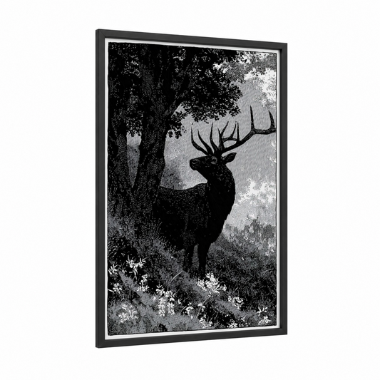 Forest Elk framed art print — black wood frame — black and white palette
