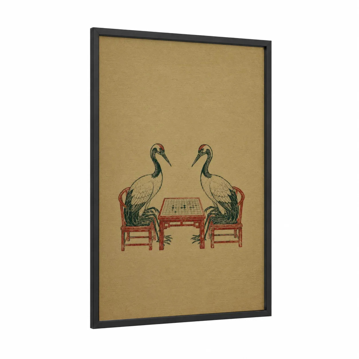Japanese Crane Playing Go Wall Art framed art print — black wood frame — beige and red palette