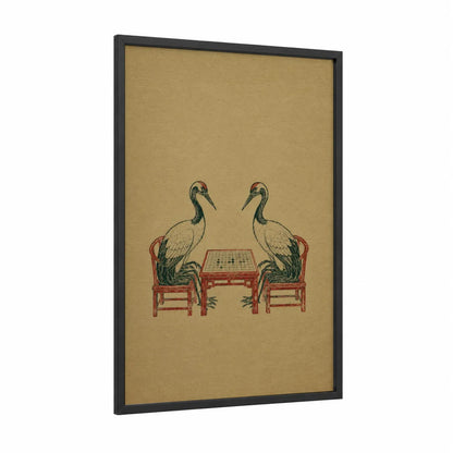 Japanese Crane Playing Go Wall Art framed art print — black wood frame — beige and red palette