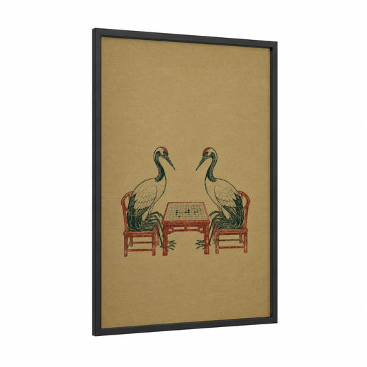 Japanese Crane Playing Go Wall Art framed art print — black wood frame — beige and red palette