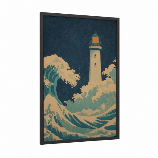 Coastal Lighthouse Waves framed art print — black wood frame — dark blue and cream palette