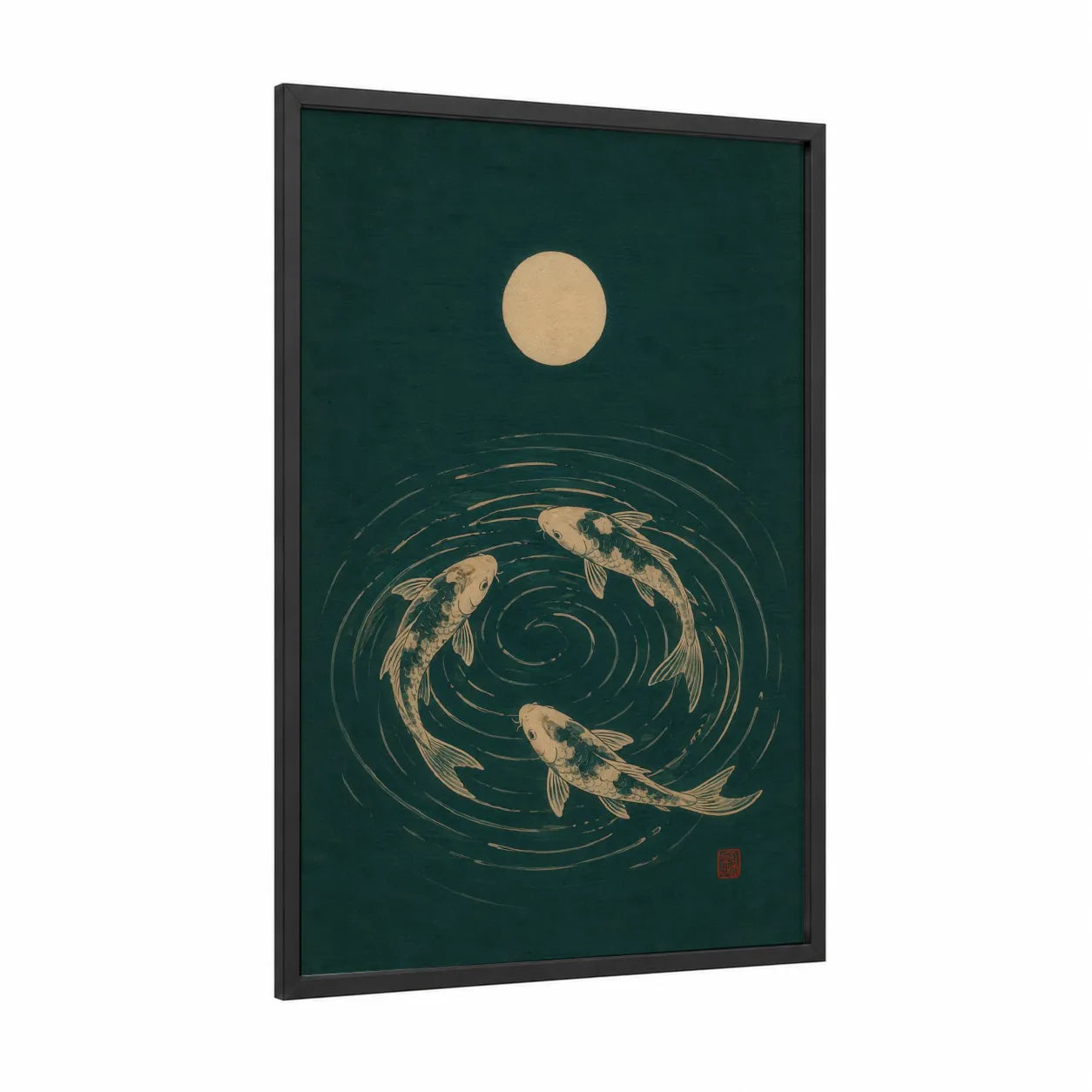 Japanese Koi Fish Moon Wall Art framed art print — black wood frame — dark green and champagne gold palette