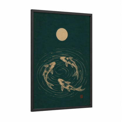 Japanese Koi Fish Moon Wall Art framed art print — black wood frame — dark green and champagne gold palette
