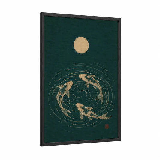 Japanese Koi Fish Moon Wall Art framed art print — black wood frame — dark green and champagne gold palette
